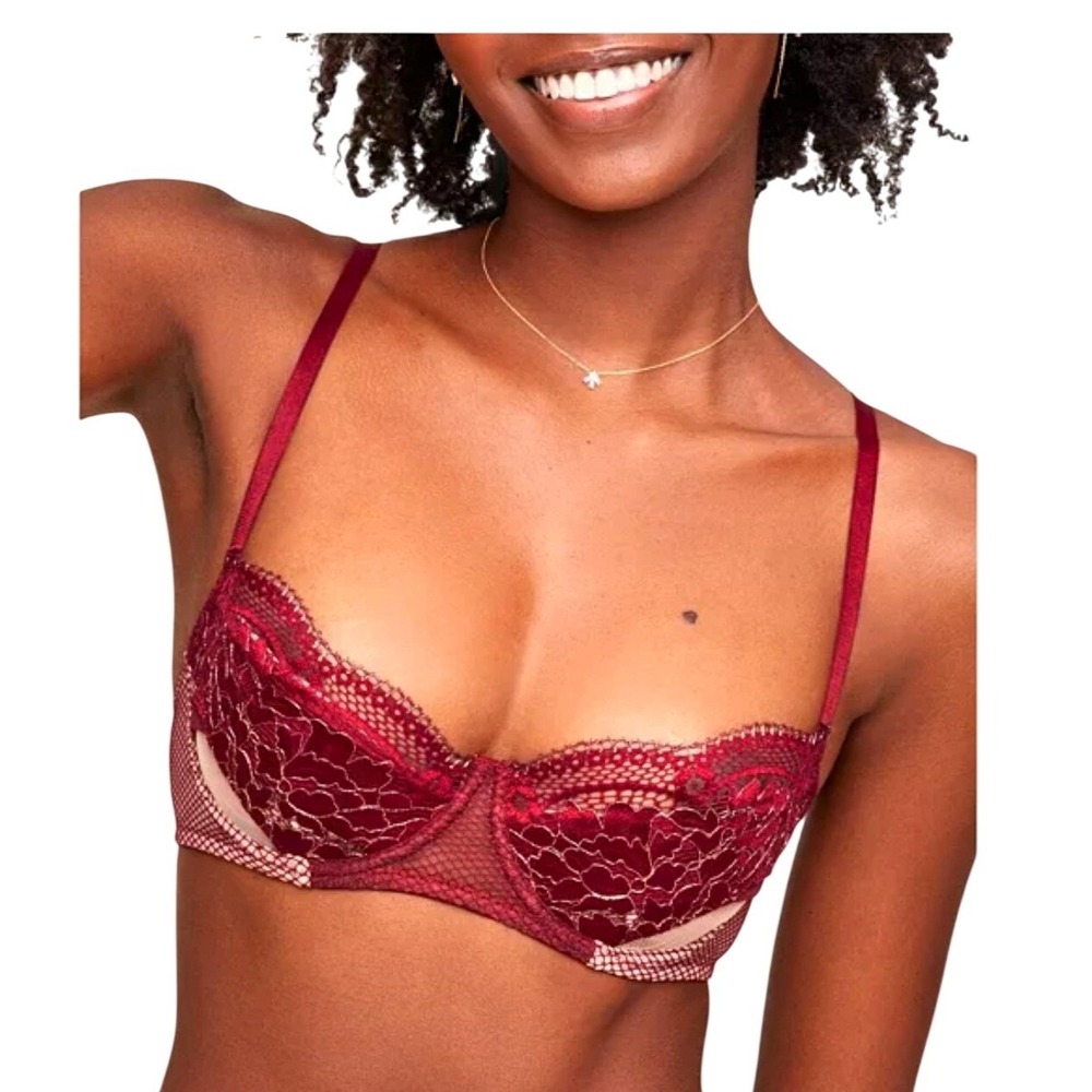 Adore Me Farina Unlined Balconette Bra Red Floral Lace Sexy Size 40D‎ EUC